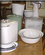 antique enamel ware jug, bread bin, bowl